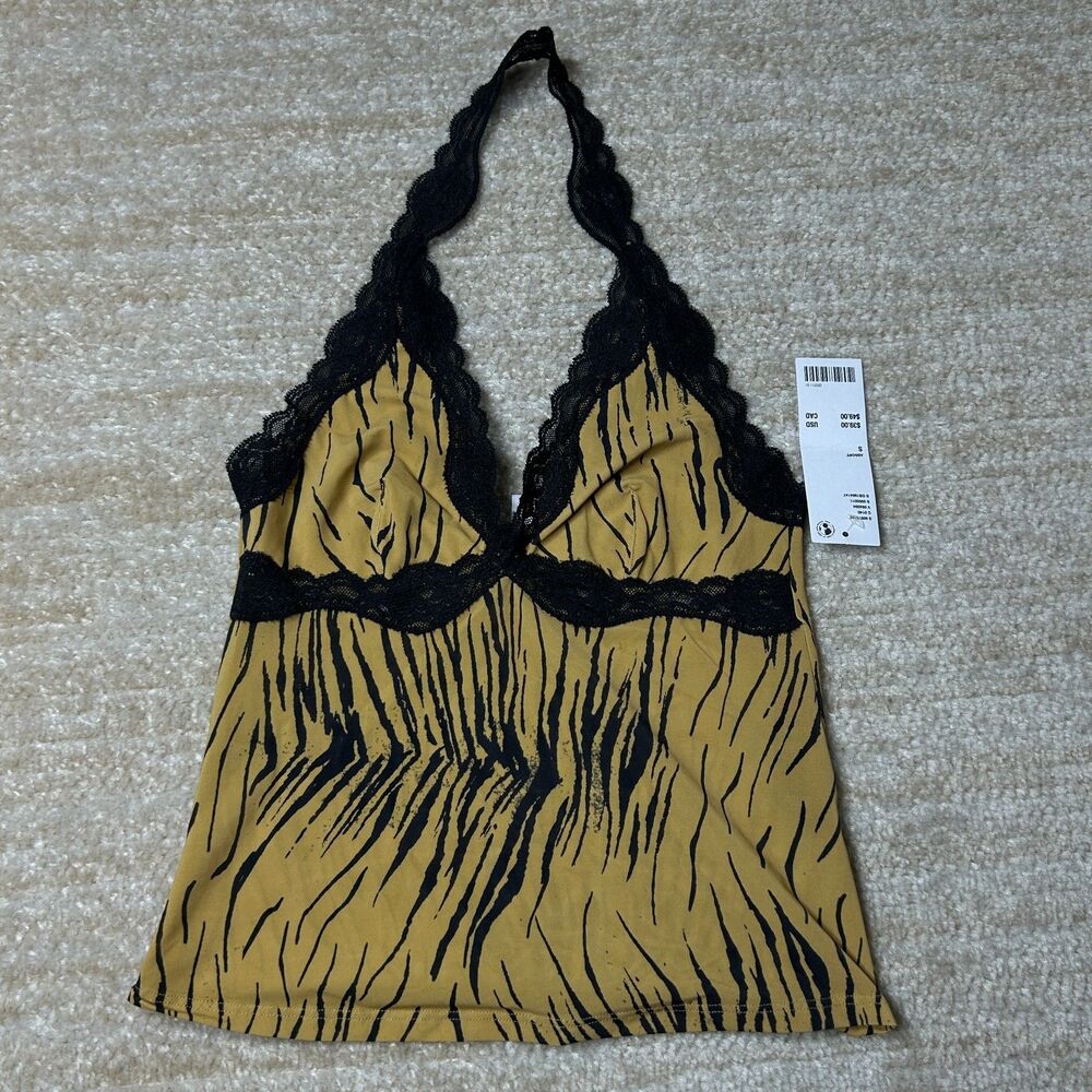Urban Outfitters Halter Cami Women S Yellow Black Lace Trim Animal Print